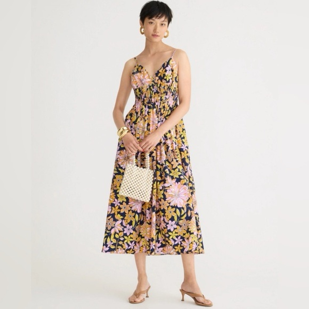 J. Crew V-neck smocked-waist cotton poplin midi dress in dusk floral